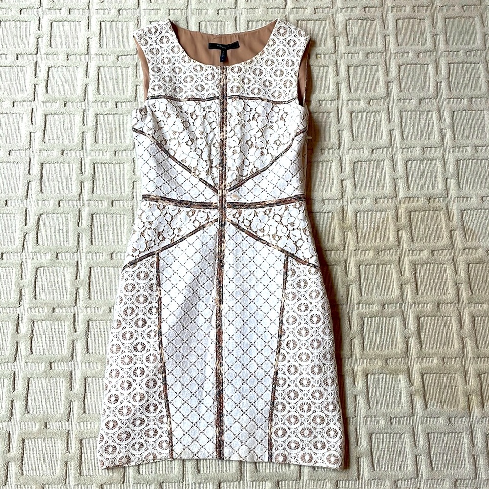 BCBGMaxAzria White and Tan Lace Sheath Dress